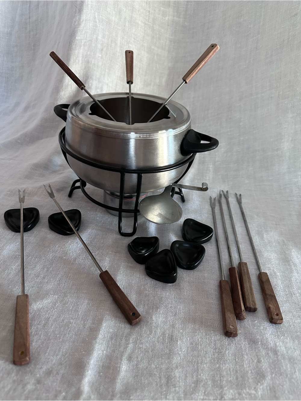 Stainless Steel Fondue Pot Set with Black Stand and Wood-Handled Forks